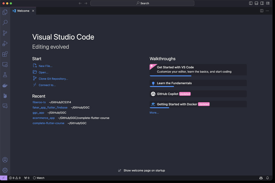 visual studio welcome screen